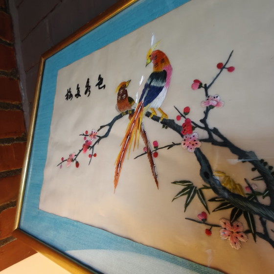 Image 1 of Vintage Chinese Silk Embroidery Birds Wall Art – Framed Mid Century Textile