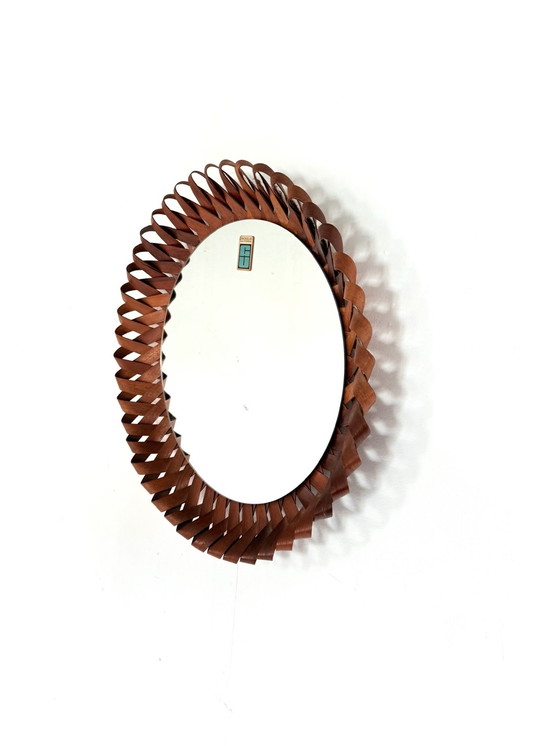 Image 1 of Vintage gevlochten teakhouten wandspiegel ‘60
