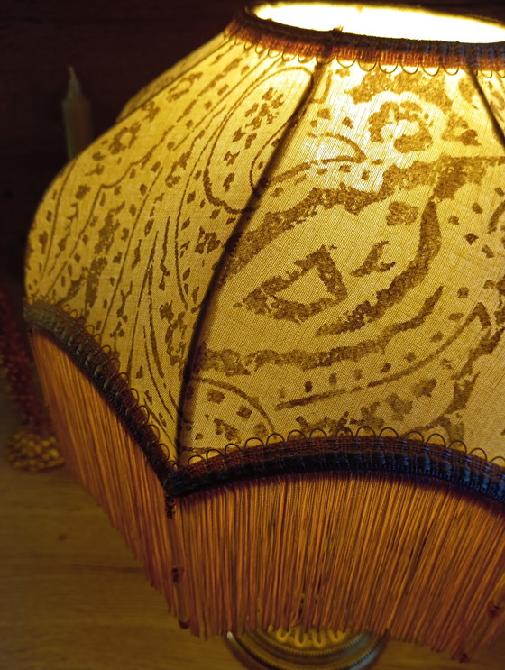 Image 1 of Bronze Living Room Lamp, Art Nouveau Style, Fabric and Fringe Dome Lampshade