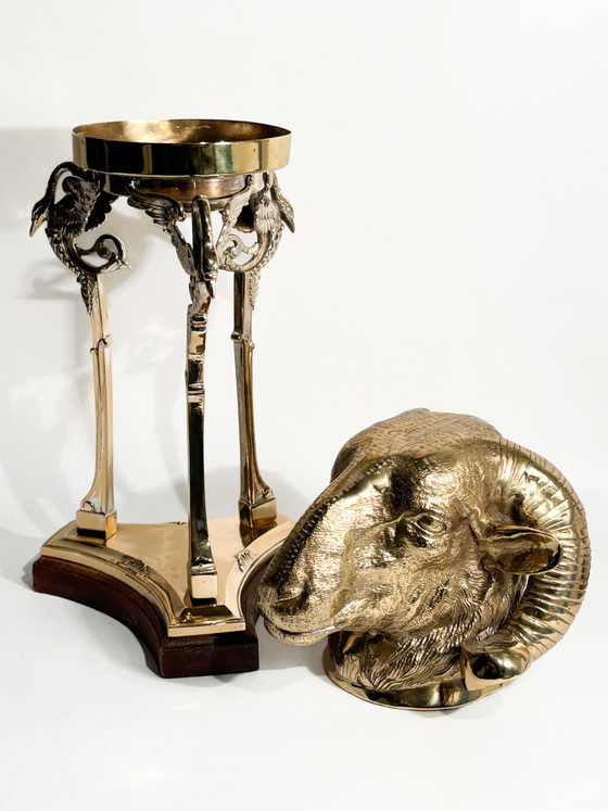 1970s Gilded Bronze Ram's Head Sculpture with Pedestal – Brass (photo 10 of 11)