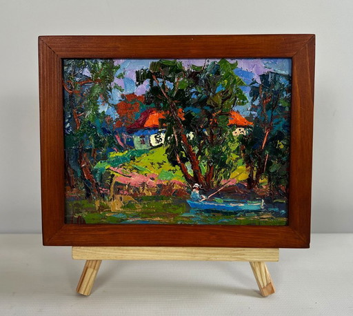 Original Oil Painting Evening River Landscape Fishing in the summer