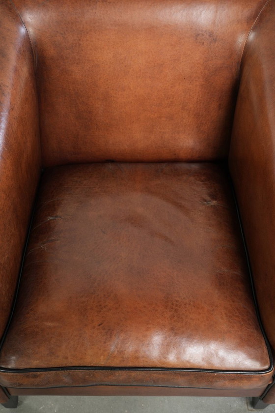 Image 1 of Strakke schapenleren Art Deco design armchair/ fauteuil met zwarte biezen en een prachtige warme kleur
