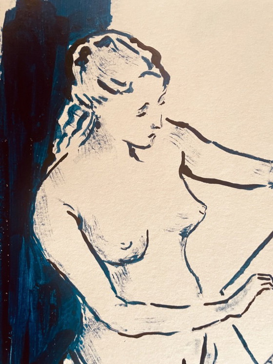 Image 1 of Indigo Blue Ink Painting "Female Model Drawing in the Painter's Studio"