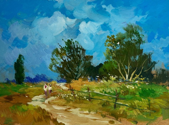 Image 1 of Original Oil Painting Summer Field Landscape Steps among the greenery