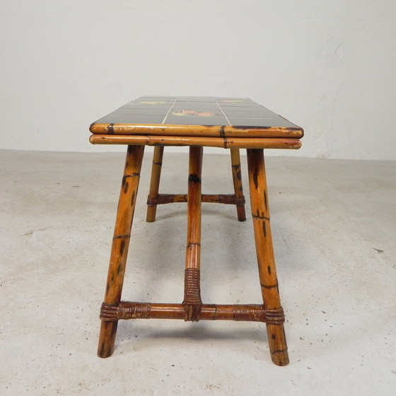 Image 1 of Rattan and bamboo coffee table with tiles, tile table, 1950s