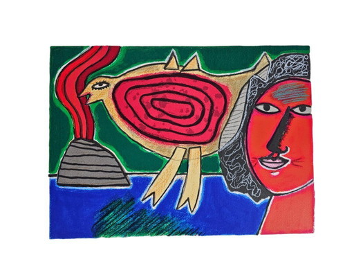 Corneille - Litho - Femme et oiseau rouge - ingelijst - 1998