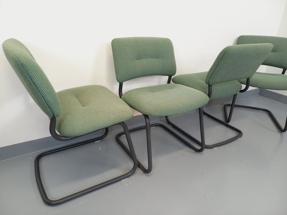 Image 1 of Suite of 4 Vintage Steelcase Style Marcel Breuer Cesca B32 Chairs in Dark Grey Metal and Green Fabric