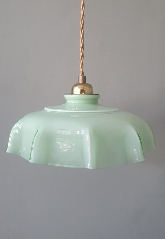 Vintage French Pendant Lamp - Pastel Green Opaline Glass. – Metal (photo 18 of 19)