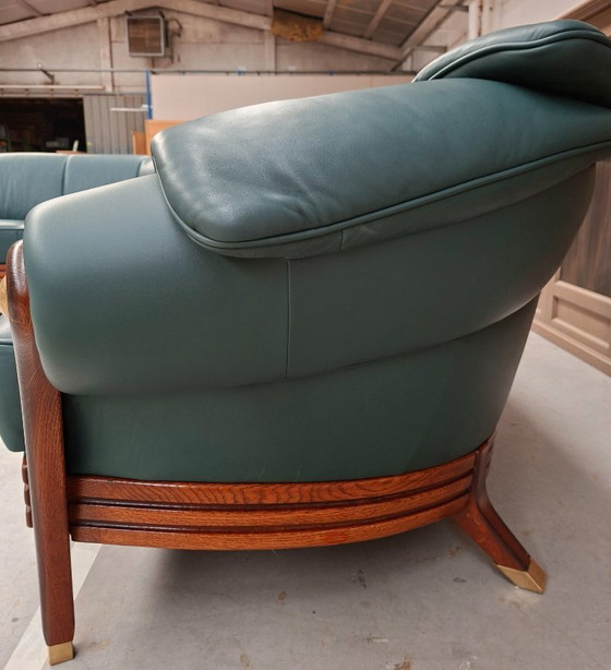 Zona salotto classica in pelle 3+2+1, rovere massiccio e ottone, inutilizzata, Legno, Verde, Klassiek (foto 14 di 15)
