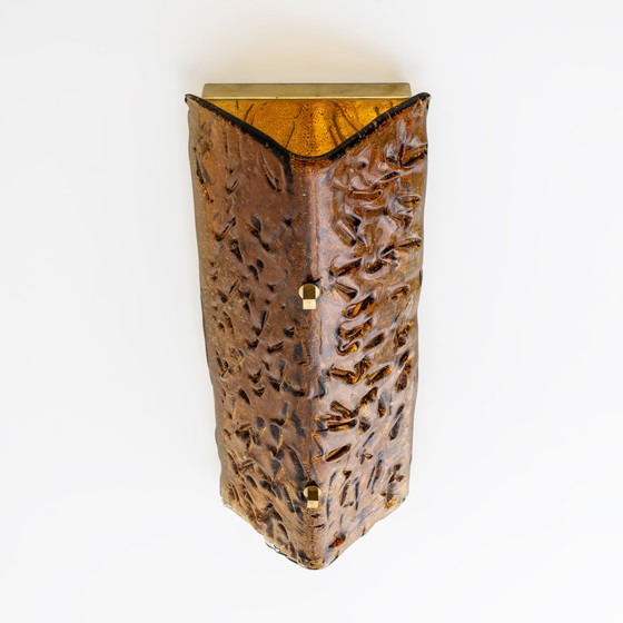 Image 1 of Coppia di applique in vetro di Murano ambrato e ottone in stile Mazzega