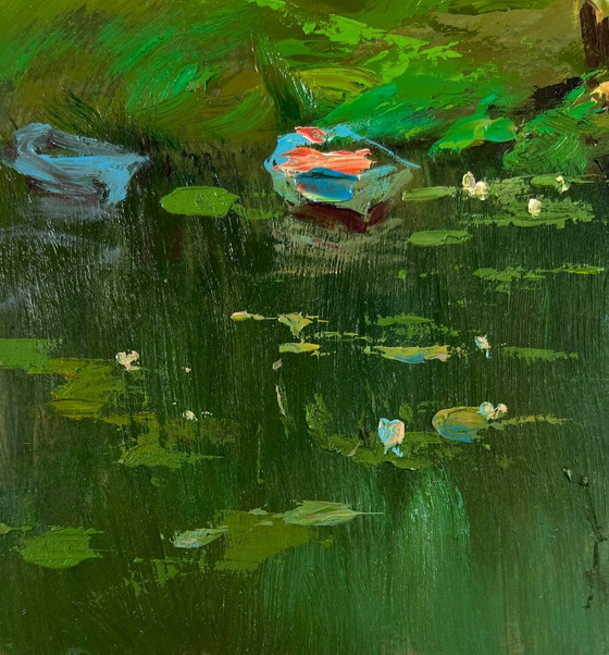 Original Oil Painting Summer River Landscape At the Village Shore – Paintings & Drawings, Mdf (photo 7 of 9)