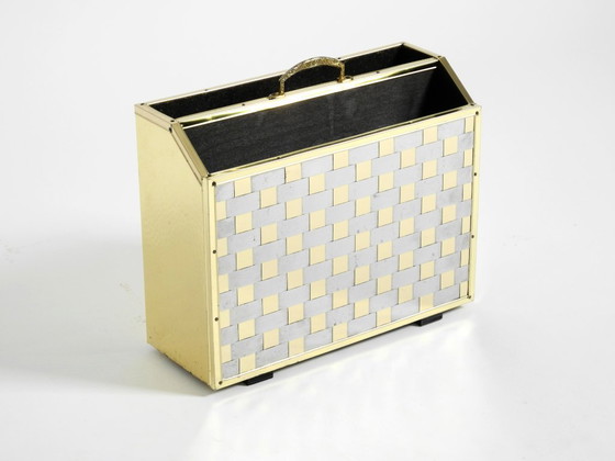 Image 1 of Extraordinary 1980s newspaper rack made of brass and wood in Hollywood Regency design