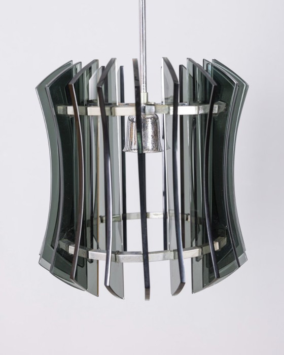 Image 1 of Vintage 1960s metal and smoked glass chandelier, designed by Veca