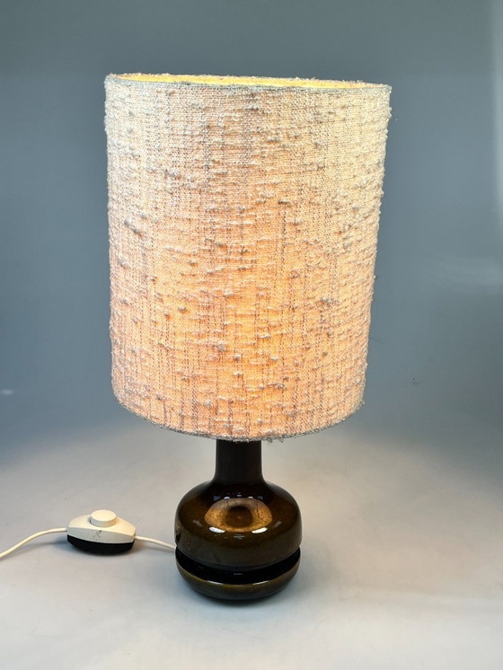 Image 1 of Vintage Earthenware Table Lamp, Green/Brown Ceramic with Wool Shade, Germany 1970s