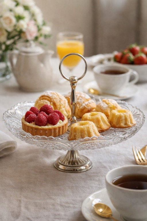 Alzata per torta vintage in vetro con piedistallo in metallo argentato – Vassoio da tè francese