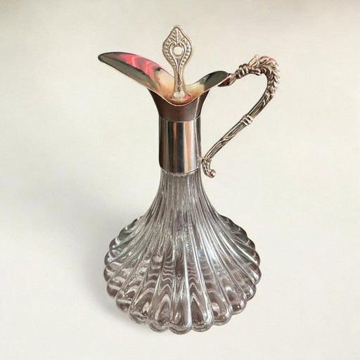 Mouth-blown carafe/decanter with silver-plated spout and handle ca. 1930