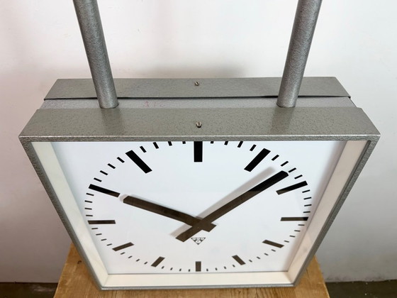 Image 1 of Large Square Industrial Double-Sided Factory Clock from Pragotron, 1960s