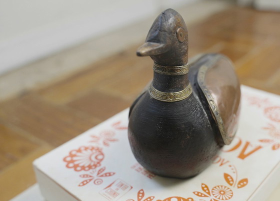 Image 1 of Hand-Carved Wood Duck Figurine with Brass Copper Inlay, Nepalese Tibetan Folk Art