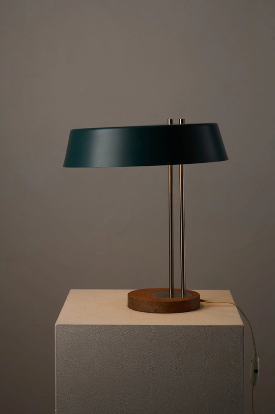 Mid-Century Modern Petrol Green Metal and Wood Table Lamp, Germany, Aluminium, Mid Century Modern (photo 4 of 10)