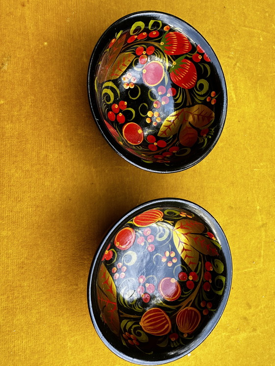 Image 1 of 2 Traditional Russian Hand-Painted Lacquered Wood Bowls Chochloma -