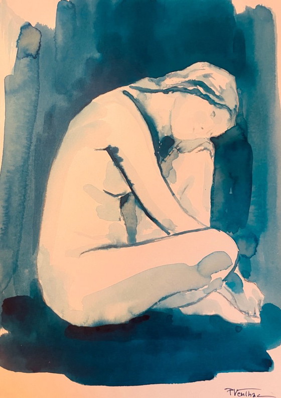 Image 1 of Set of 2 monochrome blue watercolor portraits of a woman, "blueTime"