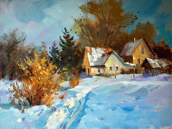 Image 1 of Pintura al óleo original Paisaje de pueblo nevado Montones de nieve invernales cerca de la casa