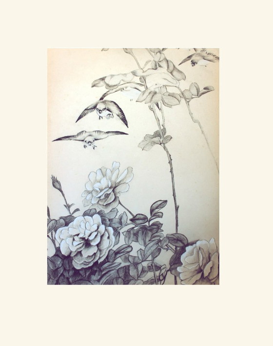 Image 1 of Vintage Japanese-inspired drawing. Vintage drawing. Drawing of flowers and birds. Japanese drawing. Antique drawing.
