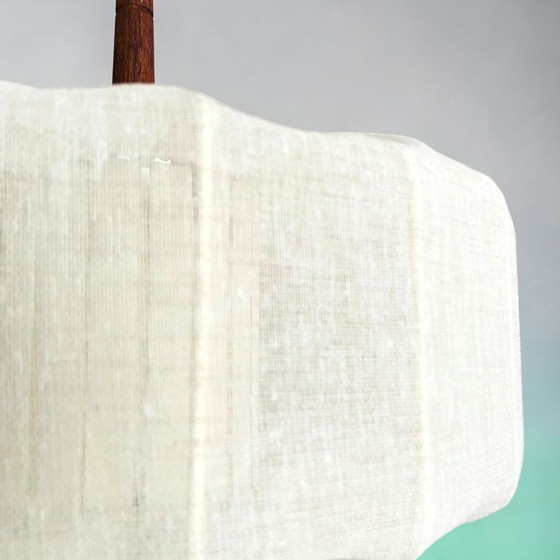 Image 1 of Japandi style wrapped fabric and teak wood hanging lamp shade, Sweden 1950s-60s