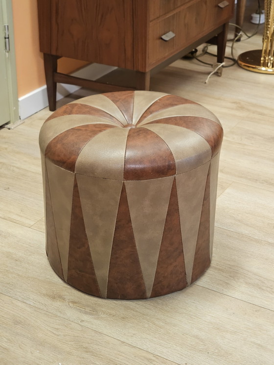 Vintage Skailer Pouf - Brown/Beige Leather Ottoman – Footstools & poufs (photo 2 of 5)