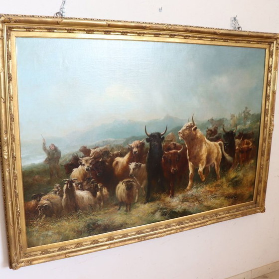 Image 1 of Large Oil Painting on Canvas, Herd of Cattle, Signed Watson W. 19th Century