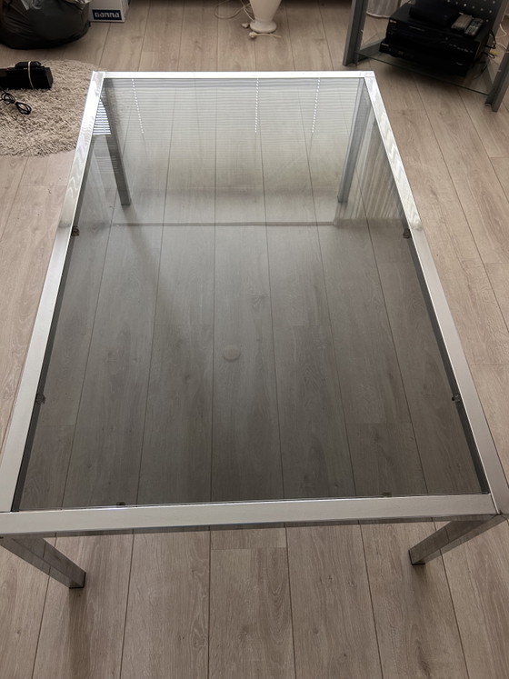 Image 1 of Rare Vintage IKEA 'Tord Björklund' Rectangular Coffee Table 1980s – Square Chrome & Grey Smoked Glass