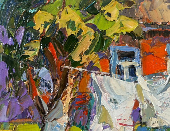 Image 1 of Original Oil Painting Summer Village Landscape Clothes are drying