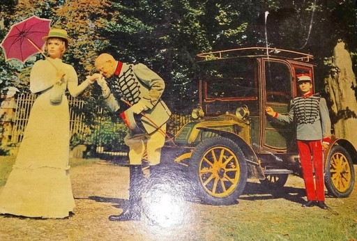 Rare Colorized Photo on Wooden Frame "Antique Carriage Kiss-Hand Scene" (circa 1900)