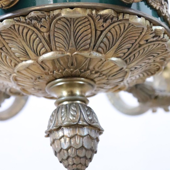 Chandelier in Gilded Bronze and Green Lacquered Metal 18 Bulbs, Italy Early 20th Century (photo 12 of 18)