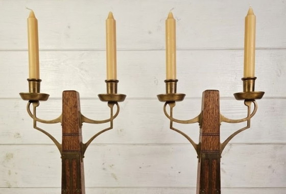 Rare Pair of Art Deco / Amsterdam School Candle holders, Amsterdamse School Kandelaars, Wood, Brass, Brown (photo 9 of 15)
