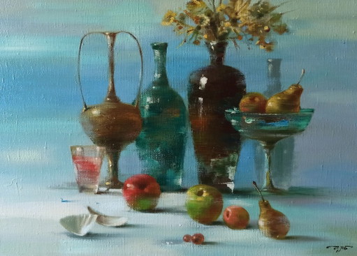 Originales Ölgemälde Abstraktes Flaschen-Früchte-Stillleben – schilderijen tekeningen, Canvas