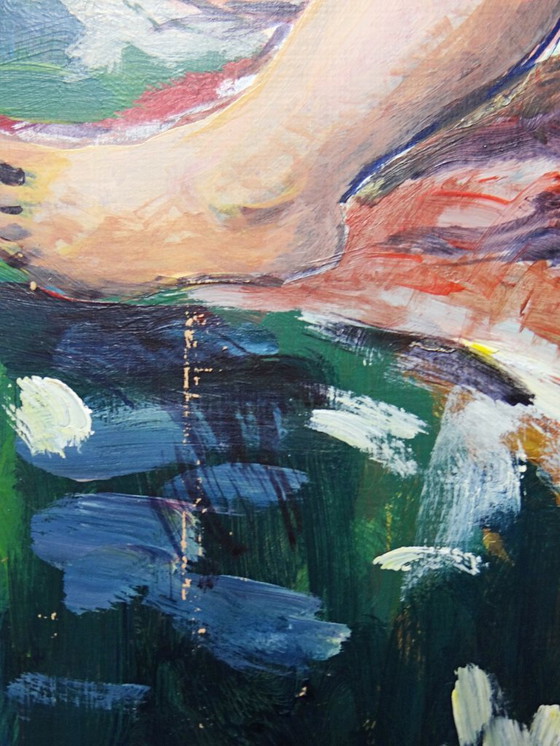 Image 1 of Small painting of a reclining nude woman, modern oil on vintage panel