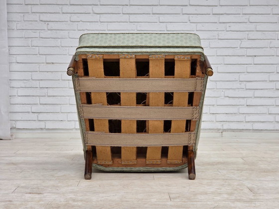 Image 1 of Deense fauteuil uit de jaren 60, lichtblauwe meubelstof, beukenhout.