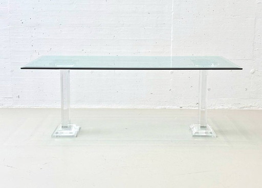 Glass table with column legs made of acrylic glass by FABIANART from Italy, Rome 1980s
