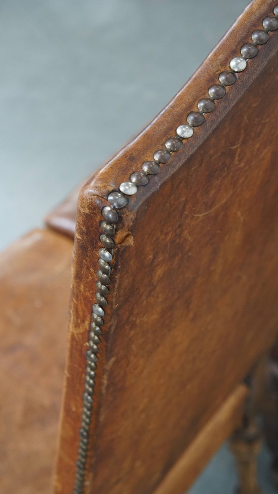Image 1 of 4 x Sedia da pranzo antica in legno e pelle di pecora