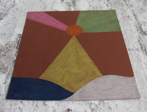 Image 1 of Buntstiftzeichnung Abstrakter Leuchtturm Bunstiftzeichnung auf Malkarton signiert und datiert ohne Rahmen vintage Bild