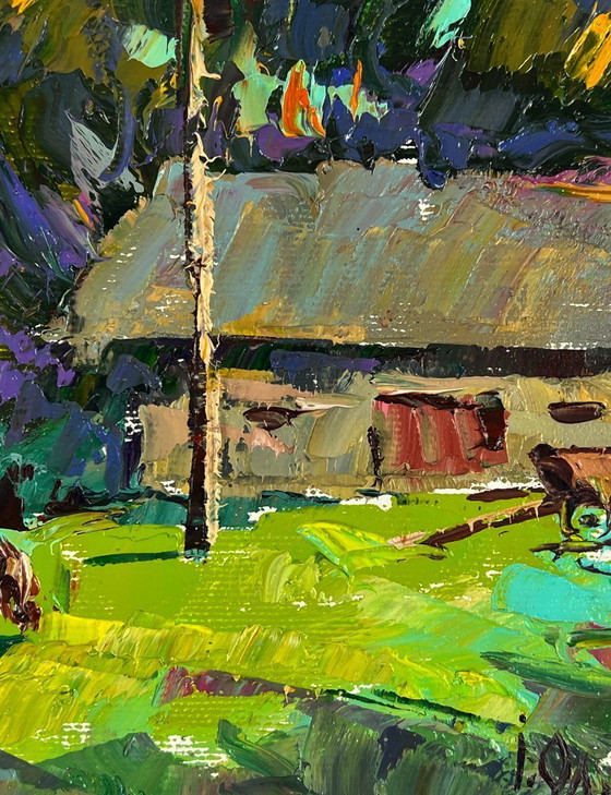Image 1 of Peinture à l'huile originale représentant un paysage rural et une journée d'été au village
