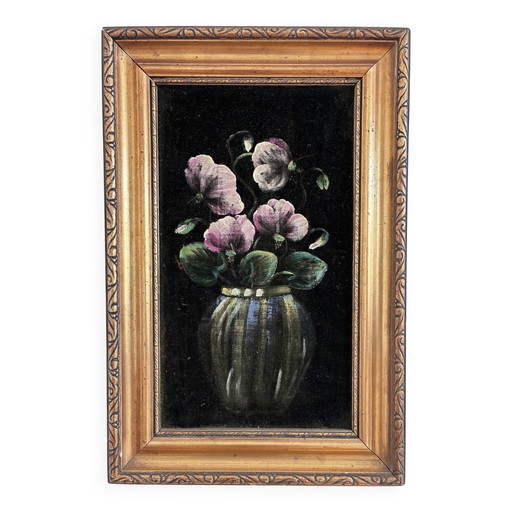 Peinture à l'huile originale vintage représentant une nature morte de fleurs roses sur velours.