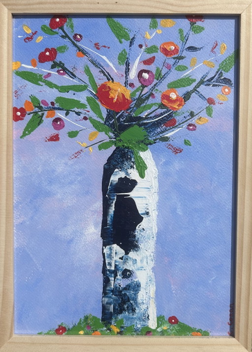 Acrylic painting with palette knife, vase of flowers