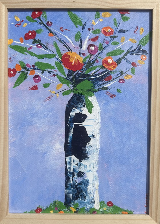 Image 1 of Acrylic painting with palette knife, vase of flowers