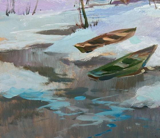 Image 1 of Original Oil Painting Winter House Landscape Path through snowdrifts