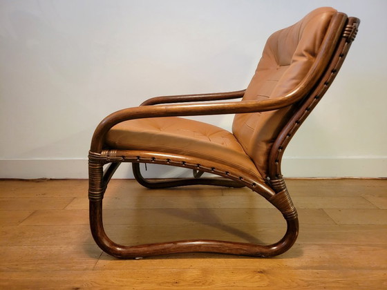 Image 1 of Poltrona vintage in rattan con cuscini in pelle del 1970