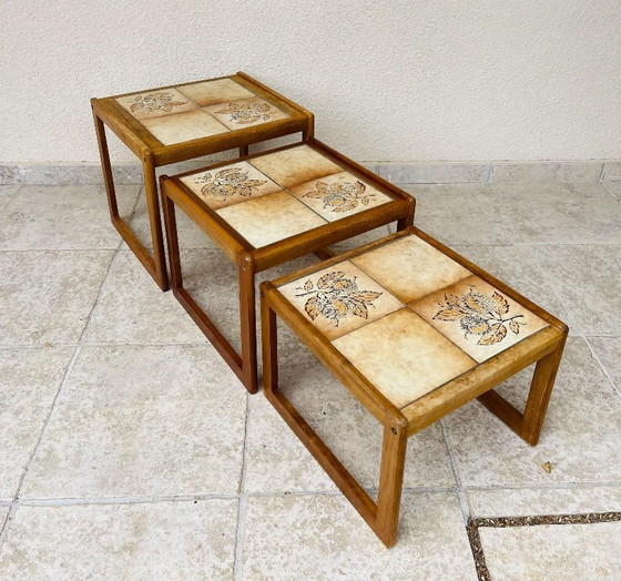 Image 1 of Set of 3 vintage nesting coffee tables in teak and earthenware, 1960
