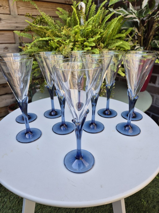 Juego de 10 copas de champán de cristal vintage Luigi Bormioli Light & Music – Tallo azul – Hechas en Italia (photo 2 of 14)