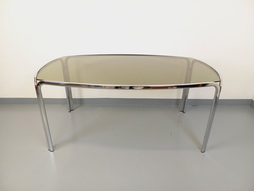 Incurved Rectangular Dining Table in Smoked Glass and Chrome Metal 70's Space Age Style